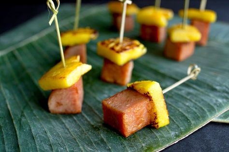 If you were to ask someone whether they like spam, chances are they’d say no.  They’d probably make a face too.  I’ll admit, I was one of th... Hawaiian Spam Recipes, Pineapple Appetizers, Fried Spam, Pineapple Skewers, Spam Recipes, Pineapple Skewer, Luau Food, Quick Appetizers, Recipes Appetizers And Snacks