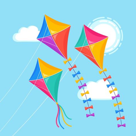 Colorful kite flying in blue sky, sun. s... | Premium Vector #Freepik #vector #sun #sky #wind #toy Spring Coloring Sheets, Kite Shop, Free Time Activities, Kite Designs, Wind Art, Dancer Painting, Go Fly A Kite, Background Summer, Kite Festival