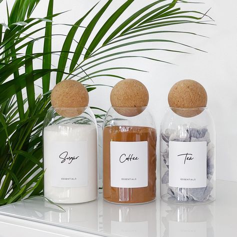 Cork Ball Glass Storage Jar With Personalised White Waterproof - Etsy UK Tea Coffee Sugar Jars, Cork Ball, Bathroom Jars, Up Craft, Kitchen Ingredients, Ball Storage, Sugar Jar, Kitchen Jars, Clear Glass Jars