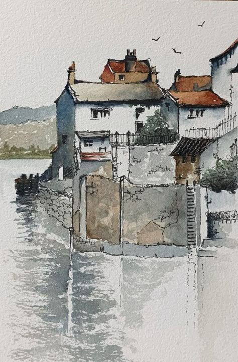 Yorkshire Harbour | Watercolor art lessons, Watercolor landscape paintings, Watercolor architecture Watercolor Line And Wash Houses, Line And Wash Watercolor Landscape, Line And Wash Art, Line And Wash Watercolor Sketches, Line And Wash Watercolor, Minimal Tattoo Ideas, Line Quality, Line And Wash, Watercolour Drawings