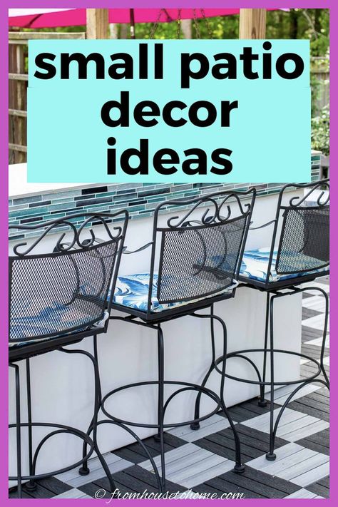 Small Patio Decorating Ideas To Transform Your Deck Into An Outdoor Oasis Tiny Deck, Small Patio Decorating Ideas, Summer Outdoor Decor, Outdoor Bars, Small Patio Decor, Deck Makeover, Small Patio Garden, Patio Inspiration, Patio Shade