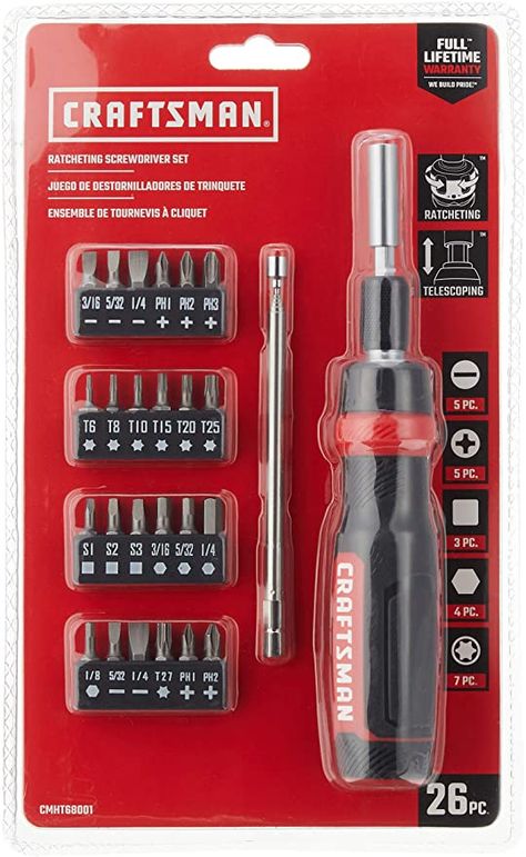 Amazon.com: CRAFTSMAN Ratcheting Screwdriver Set, 26-Piece (CMHT68001) : Tools & Home Improvement Carpentry Tools, Mechanic Tools, Circular Saw, Screwdriver Set, Socket Set, Tool Storage, Tool Kit, Black Rings, Tool Box