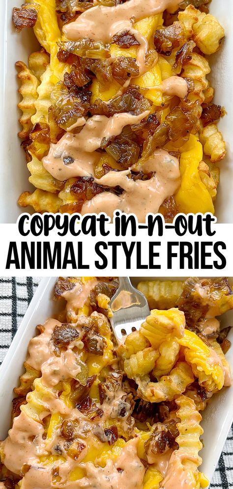 animal style fries with dairy free melted cheese, grilled onions, and vegan special sauce. Vegan French Fries Recipe, Healthy Animal Style Fries, Vegan Animal Style Fries, Garbage Fries, Vegan French Fries, Animal Style Fries Recipe, French Fries Loaded, Animal Fries, Fries At Home