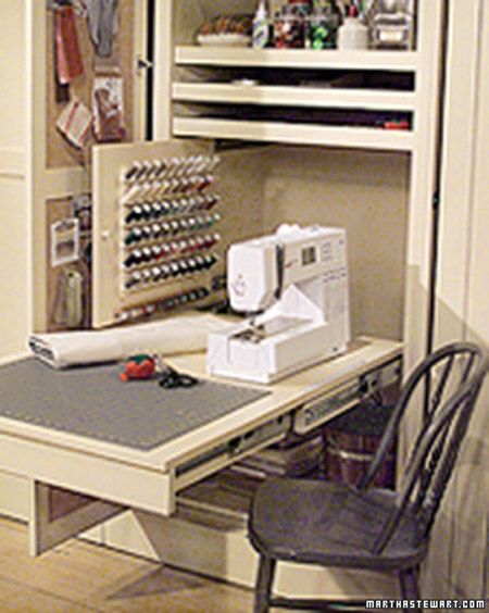 No space for a dedicated sewing room? No problem! Create a functional, compact and stylish sewing space inside of an armoire or a closet. Here are 12 inspiring examples! Small Sewing Space, Sewing Closet, Closet Room Organizer, Sewing Station, Small Craft Rooms, Sewing Room Storage, Sewing Spaces, Sewing Cabinet, Sewing Storage