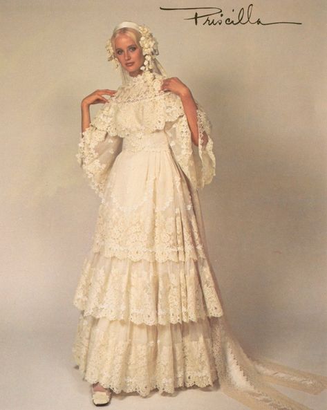 Modern Bride, 1978. Model: Bitten Knudsen. – @dozydawn on Tumblr 1970s Victorian Revival, 70s Wedding Dress Vintage, Vintage Wedding Dress 1970s, Wedding Dresses 70s, 70s Wedding Dress, Victorian Vases, 70s Wedding, Gowns Vintage, Grand Palace