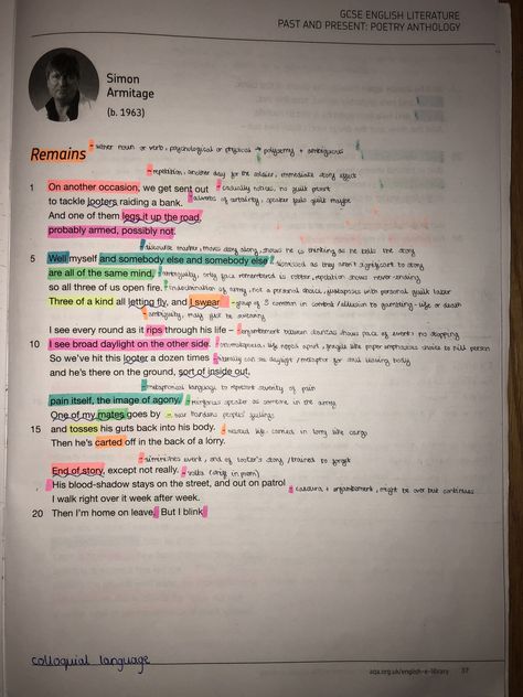 Power and Conflict Poems - Remains by Simon Armitage pt. 1 Remains Simon Armitage Analysis, Remains Poem Analysis Gcse, Remains Annotations, Remains Analysis, Remains Simon Armitage, Remains Poem Analysis, Gcse Quotes, Unseen Poetry, Poetry Revision