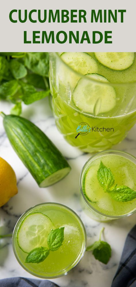 Take a break from the heat with a refreshing glass (or two) of Cucumber Mint Lemonade.  So easy to prepare, you don't need to cook anything -- your perfect summer drink! Cucumber Mint Lemonade, Cucumber Mint Water, Cucumber Water Recipe, Lemon Mint Water, Mint Lemonade Recipe, Lemon Juice Recipes, Cucumber Drink, Cucumber Lemon Water, Cucumber Lemonade