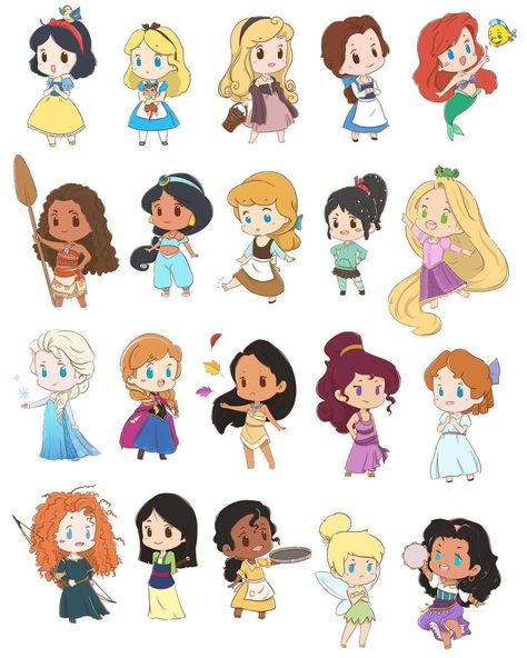 133 Likes, 6 Comments - María Hidalgo (@lothchan89) on Instagram: “Yes! I have finished these cute stickers of Disney Girls! 😋/ ¡Si! Ya he terminado estas pegatinas…” Disney Princess Cute Drawing, How To Draw A Disney Character, Cute Disney Princess Drawings, Cartoon Disney Princesses, Kawaii Disney Characters, Princess Cartoon Drawing, Cute Disney Stickers, Disney Princesses Drawing, Chibi Disney Princess