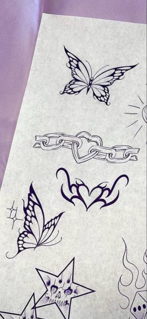 Feminine Sun And Moon Tattoo, Miss Preciouss Tattoo, Tramp Stamp Butterfly Design, 5cm Tattoo Ideas, No Shading Tattoo, Palm Sized Tattoos, Small Butterfly Tramp Stamp, Tattoo Arm Placement, Y2k Butterfly Tramp Stamp