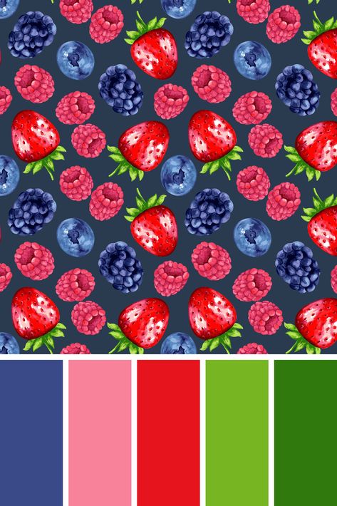 Embrace the mouthwatering allure of summer with this delightful pattern. Juicy strawberries, plump blueberries, and tangy raspberries dance across the design, their vibrant hues creating a playful and fresh visual feast. Let the sweet and tangy symphony of berries bring a burst of flavor to your day! : #PatternDesign #BerryPattern #SummerPattern #FruitPattern #PatternInspiration #PatternArt #PatternLove #PatternObsession #PatternAddict #ColorScheme Berry Palette, Surface Patterns, Berry Color, Summer Berries, Paper Ideas, Colour Combo, Fruit Pattern, Mixed Berries