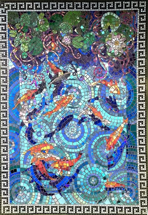 Mosaic Pond Ideas, Koi Pond Mosaic, River Mosaic, Koi Mosaic, Mosaic Art For Kids, Ancient Rome Art, Water Mosaic, Mosaic Rose, Mosaic Garden Art