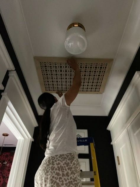 Before and After – Hallway Ceiling Black Ceiling In Hallway, Narrow Hallway Ceiling Lights, Hallway Transformation Before After, Lights For Hallway Ceilings, Upstairs Hallway Makeover, Ceiling Ideas Hallway, Stairwell Ceiling Ideas, Hallway Ceiling Paint, Hallway Dark Ceiling