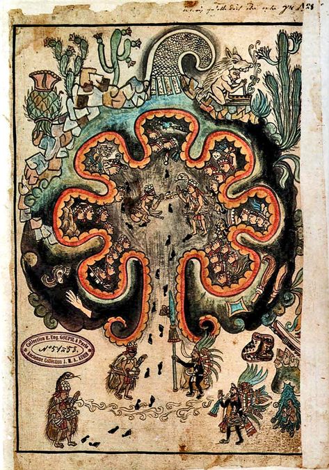 A picture of Chicomoztoc from the Historia Tolteca-Chichimeca Ancient Mexico, Hollow Earth, Aztec Culture, Mayan Art, Earth Map, Aztec Art, Ancient Maps, Ancient Aliens, Ancient Civilizations