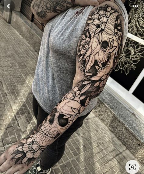 Dark Calf Tattoos, Hand And Half Sleeve Tattoo, Filling In Tattoo Sleeve Negative Space, Emo Sleeve Tattoo, Black And White Tattoo Sleeve, Blackwork Tattoo Design Ideas, Dark Floral Tattoo, Blackwork Sleeve, Negative Tattoo