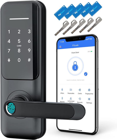 Nyboer Keyless Fingerprint Smart Door Lock and Handle - Keypad Entry, Electronic Passcode for Front Door #amazonaffiliate #affiliatelink #smartlock Men's Security Uniform, Smart Lock Front Door, Smart Door Locks Home, Best Smart Door Locks, Security Safe Accessories, Iot Security, Smart Door Lock Keyless Entry, Hidden Spy Camera, Best Keypad Door Lock