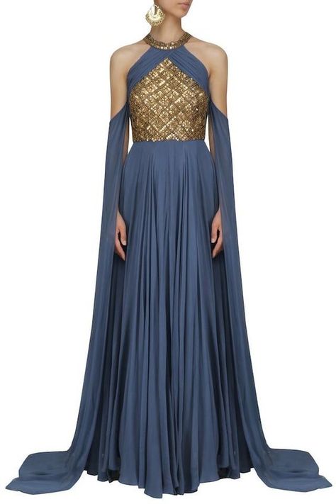 Asgardian Dress, Fantasy Dresses, Fantasy Gowns, Greyish Blue, Cape Sleeves, Gowns With Sleeves, Fantasy Dress, Indian Ethnic Wear, Fantasy Fashion