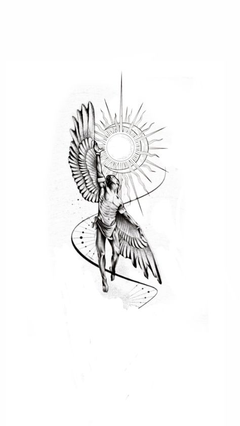 Daedalus And Icarus Tattoo, Winged Sun Tattoo, Icarus Tattoo Greek Mythology, Icarus Tattoo Minimalist, Daedalus And Icarus, Icarus Tattoo, Graphic Design Tattoos, Geometric Line Tattoo, Egyptian Tattoo Sleeve