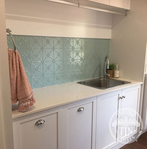 Laundry Splashback Ideas, Pressed Metal Splashback, Pressed Tin Splashback, Pressed Tin Backsplash, Laundry Splashback, Tin Backsplash Kitchen, Pressed Tin Panel, Laundry Inspiration, Laundry Renovation