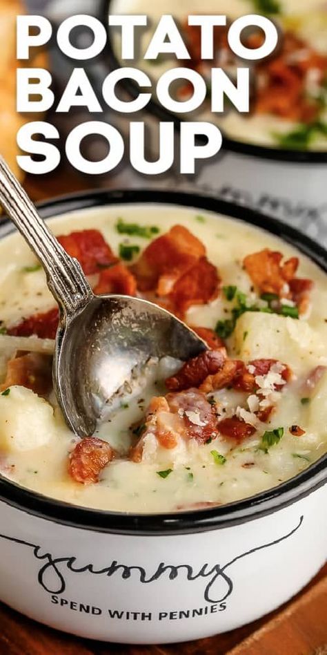 This potato bacon soup is easy to make and it cooks up creamy and delish with all kinds of add-ins. Try adding cheddar cheese, leeks, chicken, or ham! #spendwithpennies #potatobaconsoup #soup #recipe #stovetop #crockpot #easy #creamy #cheesy #loaded #best Creamy Potato Bacon Soup, Potato Soup With Bacon, Easy Cauliflower Soup, Chili Recipe Stovetop, Bacon Soup Recipes, Fresh Tomato Soup, Soup With Bacon, Potato Bacon Soup, Potato Bacon