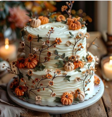 October Birthday Cakes, Thanksgiving Birthday Cake, Pumpkin Wedding Cake, Fall Cake Designs, Fall Theme Cakes, Fall Baby Shower Cake, Pumpkin Wedding Cakes, Autumn Wedding Cake, Fall Leaf Cake