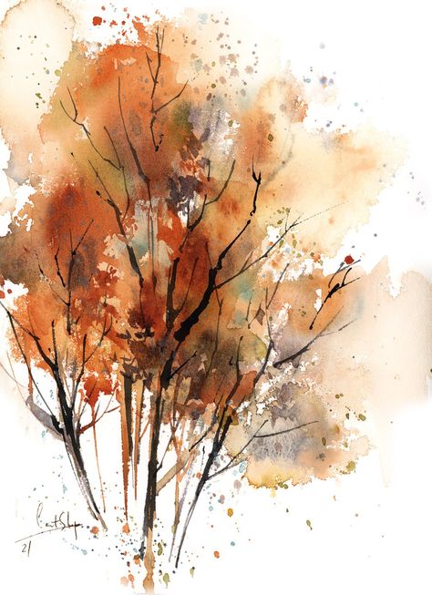 Autumn Trees Watercolour by Sophie Rodionov | Artfinder Autumn Trees Painting, Sophie Rodionov, Watercolours Art, 3 Wall Prints, Floral Art Prints, Abstract Tree Painting, Trees Painting, Watercolor Art Landscape, Trees Print