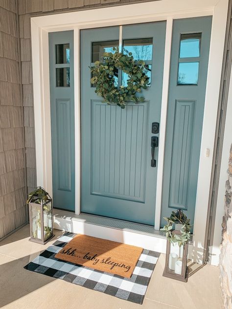 Spring Front Porch Decor, Easter Porch Decor, Porch Mat, Blue Front Door, Front Door Paint Colors, Porch Colors, Farmhouse Front Door, Door Paint Colors, Painted Front Doors