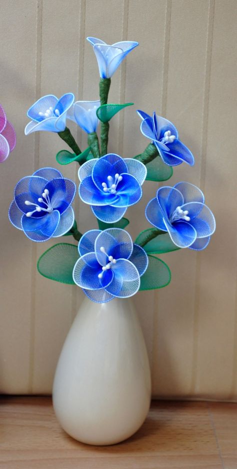 blue cherry bouquet by DennysKraftKorner on Etsy Nylon Crafts, Stocking Flowers, Nylon Flowers, Blue Cherry, Wire Flowers, Flowers Bouquet Gift, Cherry Blossom Flowers, Cloth Flowers, Trendy Flowers