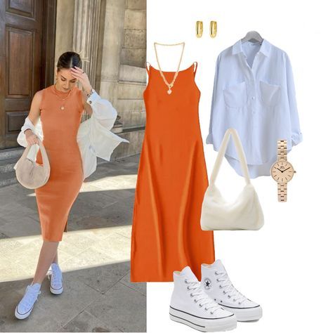 Casual Orange Dress Outfit, Orange Sundress Outfit, Orange Summer Dress Casual, Modest Picnic Outfit, Orange Outfit Ideas Summer, Orange Dress Outfit Casual, Orange Dress Outfit Summer, Orange Clothes Aesthetic, Orange Aesthetic Outfits