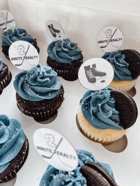 Ice Hockey Cupcakes, Hockey Themed Birthday Party Food, Hockey Themed Cupcakes, Hockey Themed Birthday Cake, Hockey 2nd Birthday Party, Hockey Cupcakes Ideas, Hockey Banquet, Watch Party Food, Hockey Cupcakes