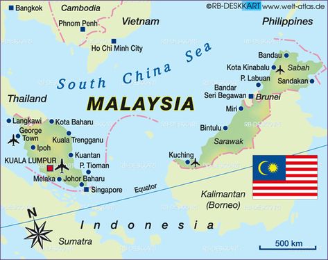 Map of Malaysia - Map in the Atlas of the World - World Atlas Map Of Malaysia, Kuala Lumpur Travel, Malaysia Kuala Lumpur, Malaysia Travel Guide, Singapore Map, Kids Travel Journal, Sandakan, Kuala Lumpur City, World Atlas