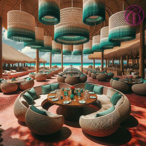 Colored Cement Floor, Restaurant Stage Design, Spanish Restaurant Design, Interior Turquoise, Mediterranean Hotel, Beachfront Restaurant, Mexican Restaurant Design, Outdoor Restaurant Patio, Resort Restaurant