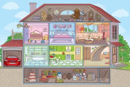 5 Fun Ideas for Finishing Your Attic or Basement | DoItYourself.com Canned Lighting, House With Garage, Perspective Drawing Architecture, Cartoon House, Two Storey House, House Illustration, House Inside, House Drawing, Garage House