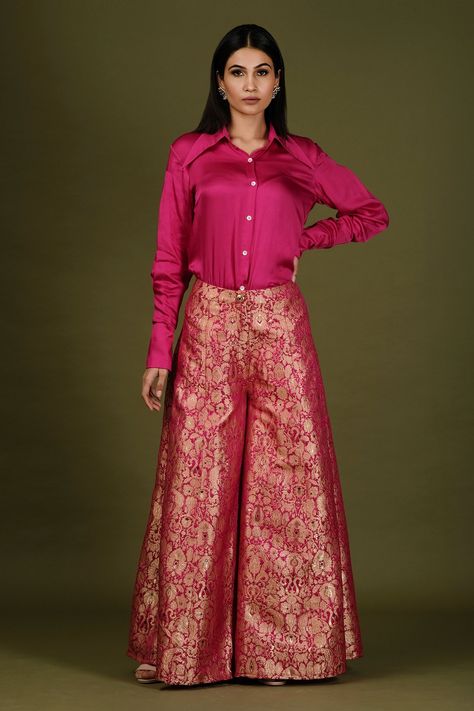 Shop for these amazing collections of Fuchsia Brocade Silk Woven Floral Print Shirt And Flared Pant Set For Women by Soniya G online at Aza Fashions. Flared Pants Outfit Indian, Brocade Kurti Design With Pants, Brocade Pants Outfit, Brocade Pant Suit, Brocade Outfits, Brocade Dress Styles, Brocade Fashion, Brocade Pants, Brocade Suits