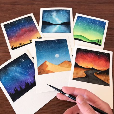 My complete watercolor polaroid series 🤩 • • • 👩🏻‍🏫 @skillshare class by @aurorabyz 🎨 @winsorandnewton 📒 @arches.art • • #watercolorseries… Polaroid Watercolor, Watercolor Polaroid, Art Galaxie, Art Mini Toile, Watercolor Sunset, Watercolor Paintings Easy, Galaxy Painting, 수채화 그림, Small Canvas Art