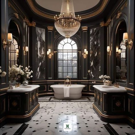 AZAAD (Book 1 : Oberoi Series) - OBEROI MANSION 2 - Wattpad Black Luxury House, Dark Home Aesthetic, Modern Gothic Home, Types Of Interior Design Styles, Classical Bathroom, Bathroom Dark, Gothic Bathroom, Castle House Design, Fairytale House