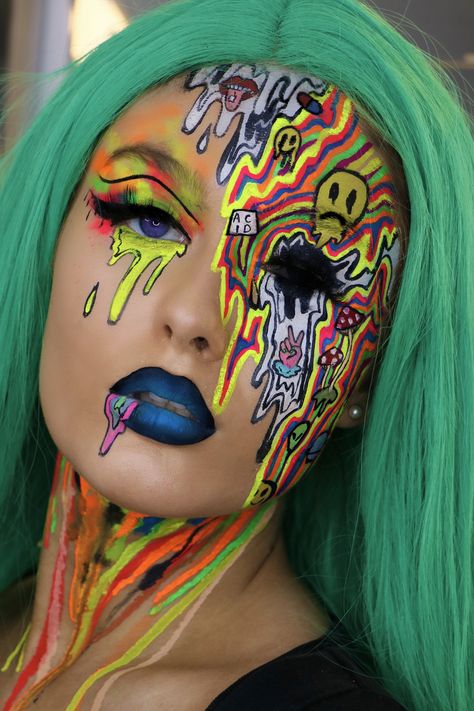 Rave Face Paint Ideas, Drippy Eye Makeup, Trippy Face Painting, Trippy Halloween Makeup, Trippy Face Art, Crazy Face Paint, Trippy Eye Makeup, Trippy Costume, Trippy Makeup Looks