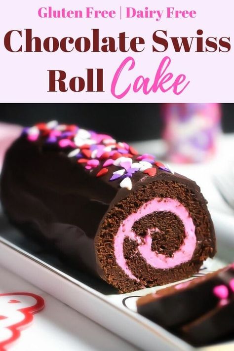 Amazingly delicious Gluten Free and Dairy Free Chocolate Swiss Roll Cake. An Easy recipe with very clear how to make instructions! This moist chocolate cake recipe is sure to be a party favorite! #glutenfreeanddairyfreerecipes #glutenfreecake #swissrollcake #glutenfreeswissrollcake #chocolate #desserts #cakes Chocolate Swiss Roll Cake, Dessert Mix, Gluten Free Valentines, Chocolate Swiss Roll, Gluten Free Holiday Recipes, Gluten Free Chocolate Recipes, Baking Treats, Dairy Free Cream Cheese, Swiss Roll Cake