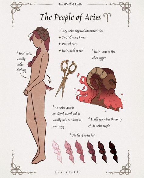 The World Of Realta, Character Species Ideas, The People Of Zodiac, Rayleearts Zodiac, Astrology Signs Art, Aries Fanart, Make An Oc, Aries Art, Zodiac Characters