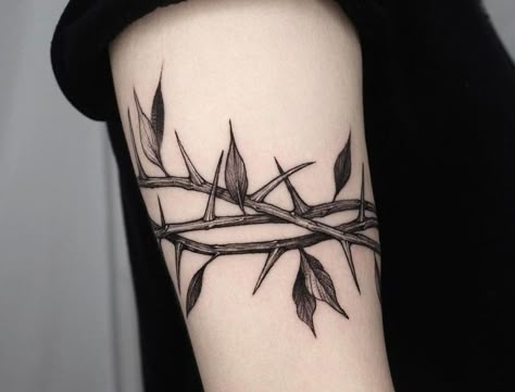 Briar Patch Tattoo, Thorn Wreath Tattoo, Black Thorn Tattoo, Thorn Wrist Tattoo Men, Thorns And Leaves Tattoo, Barbed Wire Tattoo With Flowers, Barbed Wire And Vine Tattoo, Vine And Thorn Tattoo, Barbed Wire Band Tattoo