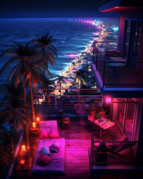 Cyberpunk Waterfront Living with a View Cyberpunk Beach, Cyberpunk Apartment, Vaporwave Art, Conceptual Illustration, Apartment Balcony, Cyberpunk Style, Apartment Balcony Decorating, Futuristic City, Architecture Illustration