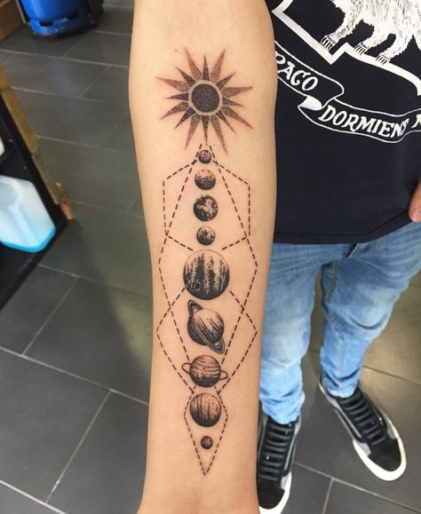 Watercolor Solar System Tattoo, Tattoo Solar System, Solar System Tattoo, Cosmic Tattoo, Science Tattoo, Tattoo Shirts, Galaxy Tattoo, Planet Tattoos, Bicep Tattoo