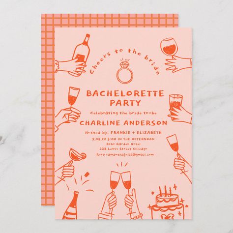 Handpainting Retro  Contemporary Bachelorette Part Invitation Invitation Aesthetic, Bachelor Party Cakes, Retro Invitation, Pink Bachelorette Party, Retro Contemporary, Pink Bachelorette, Bachelorette Party Invitation, Spring Dinner, Bachelorette Party Bride