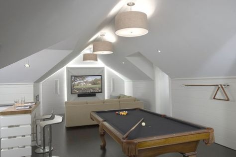 17 Magnificent Ideas For Renovating Your Unused Attic Billiard Room Design, Attic Game Room, Attic Conversion Ideas, Modern Media Room, Video Game Room Ideas, Farmhouse Family Rooms, Attic Renovation Ideas, Bonus Room Ideas, Finished Attic