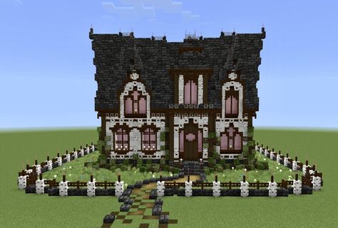 Pink Victorian House Minecraft, Goth Mc House, Cobbled Deep Slate House Minecraft, Minecraft Gothic Cottage, Gothic Windows Minecraft, Gothic Mc House, Fairy Mc House, Minecraft Waffle House, Witch Castle Minecraft