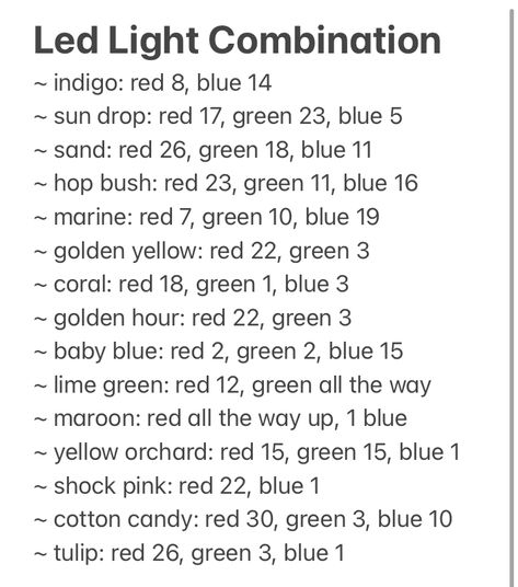 Christmas Led Colors, Led Lights Diy Colors Tutorial, Sage Green Led Lights, Led Light Colors For Moods, Christmas Led Lights Diy Colors, Led Color Combos, Led Light Combos, Led Lights Combinations, Led Lights Bedroom Color Ideas