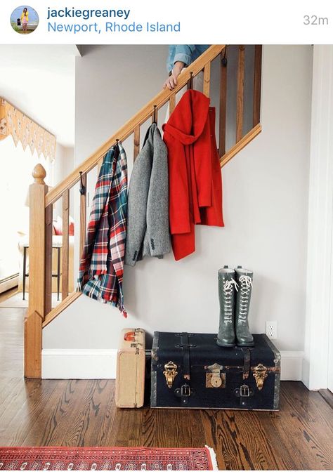 Staircase coat hanger Staircase Coat Hooks, Staircase Spindles, Preppy Decor, Hallway Designs, At The Door, Classic Decor, Under Stairs, Coat Hanger, House Inspo