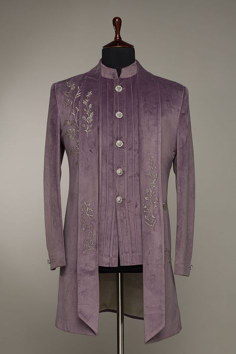 Buy Purple Taupe Cutdana Suede Indowestern Sherwani Online | Samyakk Reception Dress Groom, Engagement Dress Groom, Men Sherwani Wedding Indian Groom, Purple Groom, Men Sherwani Wedding, Groom Indian Wedding Outfits, Indian Wedding Suits Men, Sherwani Wedding, Men Sherwani