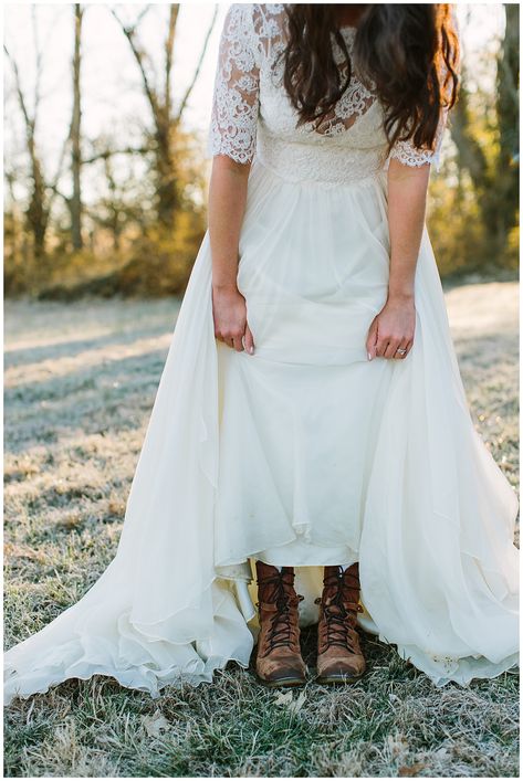 Intimate Wedding elopement at Foxhollow Farm. Outdoor wedding photos. Winter and early spring wedding. Vow Renewal. Yellow florals. Forsythia wedding bouquet. Lace wedding gown. Bohemian wedding dress. Two piece wedding dress. Grey suit. Messy bouquet. Natural wedding hairstyle. Wedding dress and hiking boots. Boots with wedding gown. Adventure wedding. Wispy bouquet. Yellow bouquet. Modern Trousseau wedding gown. Boots And Wedding Dress, Wedding Dress With Hiking Boots, Hiking Wedding Outfit, Boots With Wedding Dress, Wedding Dress With Boots, Wedding Dress Boots, Winter Wedding Boots, Bride Boots, Wedding Ceremony Ideas