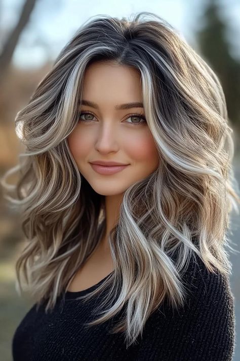 30 Chic Fall Hair Colors for Every Length Blonde Hair To Brunette Before And After, Blended Gray Hair With Blonde Highlights, Blond With Root Shadow, Winter Hair Blonde Dark Roots, Dimensional Brunette With Blonde, Dark Roots To Blonde Hair, Full Highlights On Dark Hair, Brown And Ash Blonde Hair, Blond Fall Hair Color