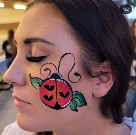 Leaf Face Paint, Bug Face Paint, Lady Bug Makeup, Ladybug Face Paint, Ladybug On Leaf, Easter Face Paint, Face Paint Ideas, Christmas Face Painting, Cheek Art